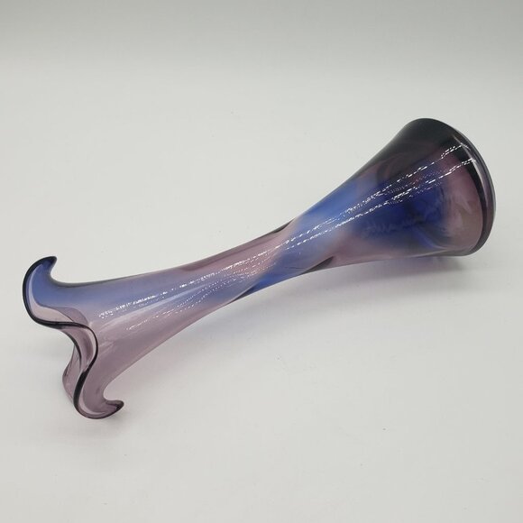 Blue Amethyst Swirl Ruffled Top Art Glass Bud Vase - Picture 2 of 12